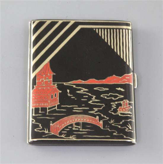 A French Art Deco silver and two colour enamel cigarette case, 82mm.